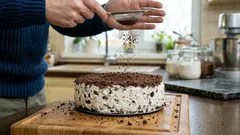 Bolo de chocolate sem forno com natas leves e migalhas de cacau de que toda a família vai gostar